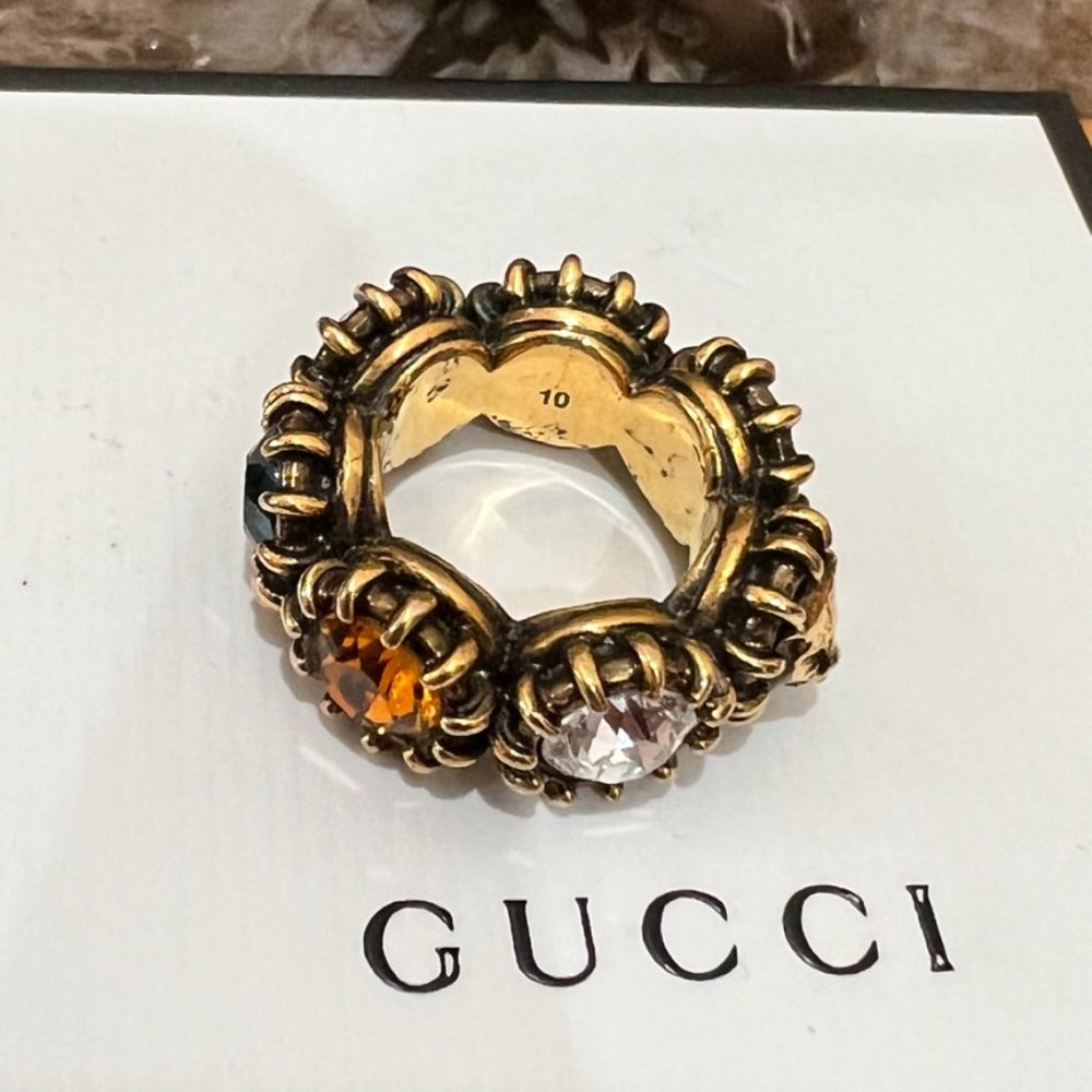 Gucci Aged Gold Tiger Head Multicolor Stones Infinity Stones Thanos Ring - Picture 6 of 15